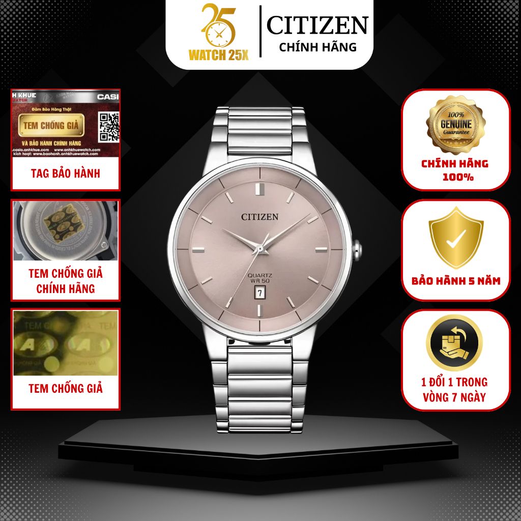 Đồng Hồ Nam Citizen BI5120-51Z Watch25x - Dây Thép Không Gỉ Mặt Hồng Tinh Tế Phong Cách Hàn Quốc