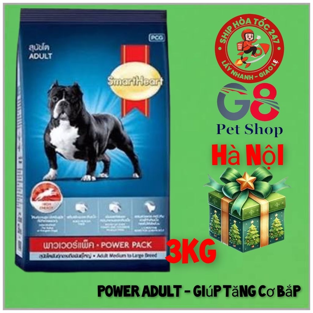Giá Rẻ - Gói 3 kg Smartheart POWER PACK ADULT - Thức ăn cho chó tăng cơ bắp, chó trưởng thành