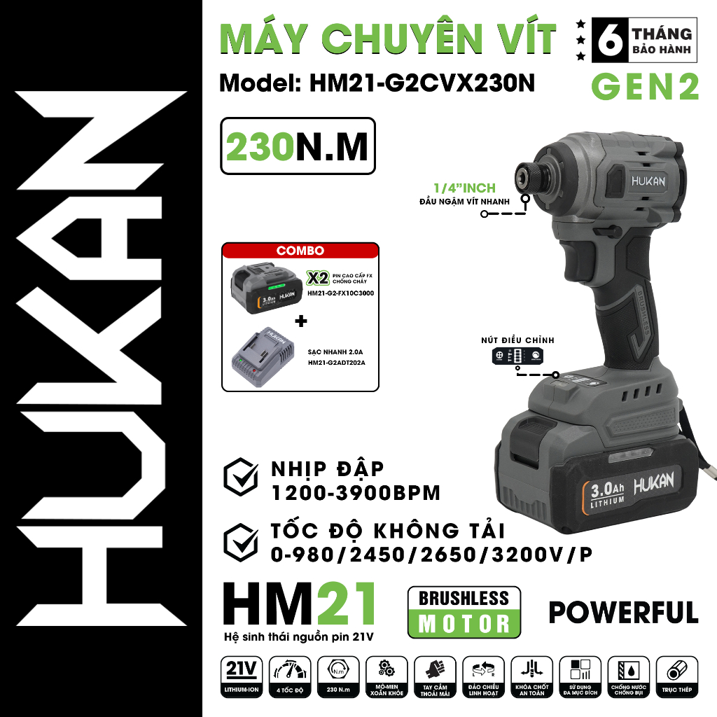 Máy Bắn Vít HUKAN HK-230N, Lực Siết 230N.m, Điều Chỉnh 4 Cấp, Nhiều chế độ bắt vít