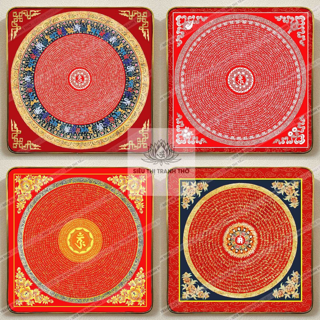 Tranh Chú Lăng Nghiêm Mandala 30x30cm treo tường bằng gỗ tráng gương mica viền vàng đồng bền đẹp