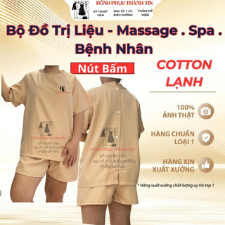 Bộ quần áo spa đông y cao cấp Thành Tin – Đồ massage cotton lạnh, cổ tròn nút sau, form rộng dễ mặc