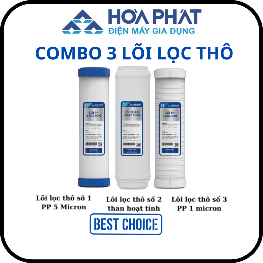 Bộ 3 lõi lọc thô 123 Hòa Phát - Kích thước 10inch -  Hàng chính hãng - Dùng cho máy lọc nước RO