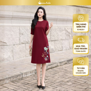  SWANLAKE | Váy Đầm Nữ Suông Vải Linen Thêu Hoa Lá Cổ Tròn Tay Lỡ Có Túi Công Sở Thanh Lịch D12889 