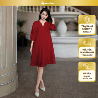  SWANLAKE | Váy Đầm Nữ Suông Tay Lỡ Thêu Hoa Phối Lưới Vải Linen Cổ Trụ Xẻ Có Túi Công Sở D12786 