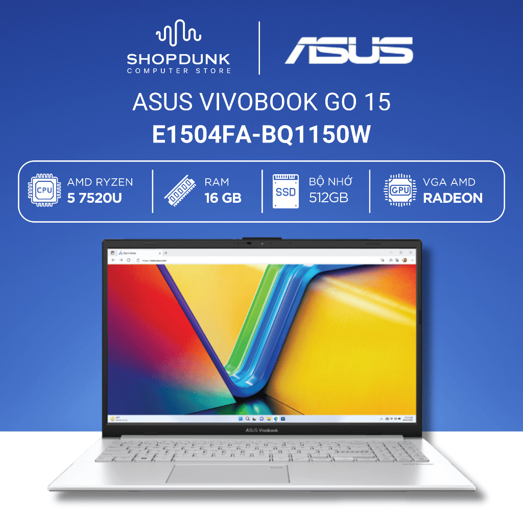 Laptop Asus Vivobook Go 15 E1504FA-BQ1150W Ryzen 5 7520U | 16GB | 512GB | Radeon 15.6" FHD Win11 Bạc