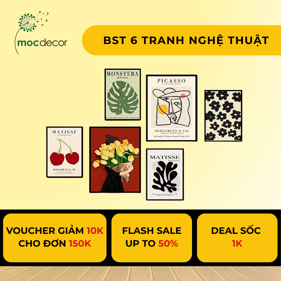 BST Tranh nghệ thuật - Bộ 6 Tranh Dán Tường - Khung Treo 4k Cực Nét, Chống Nước Cao Cấp [MỘC DECOR]