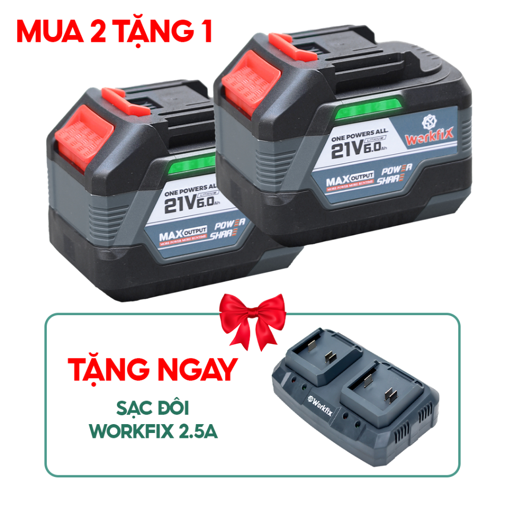 [Tặng Sạc/Quạt] Combo 2 Pin Workfix 15 Cell WF-BK6000PLUS Mạch 6 MOSFET, Dòng Xả Cao 10C, Có Đèn Báo