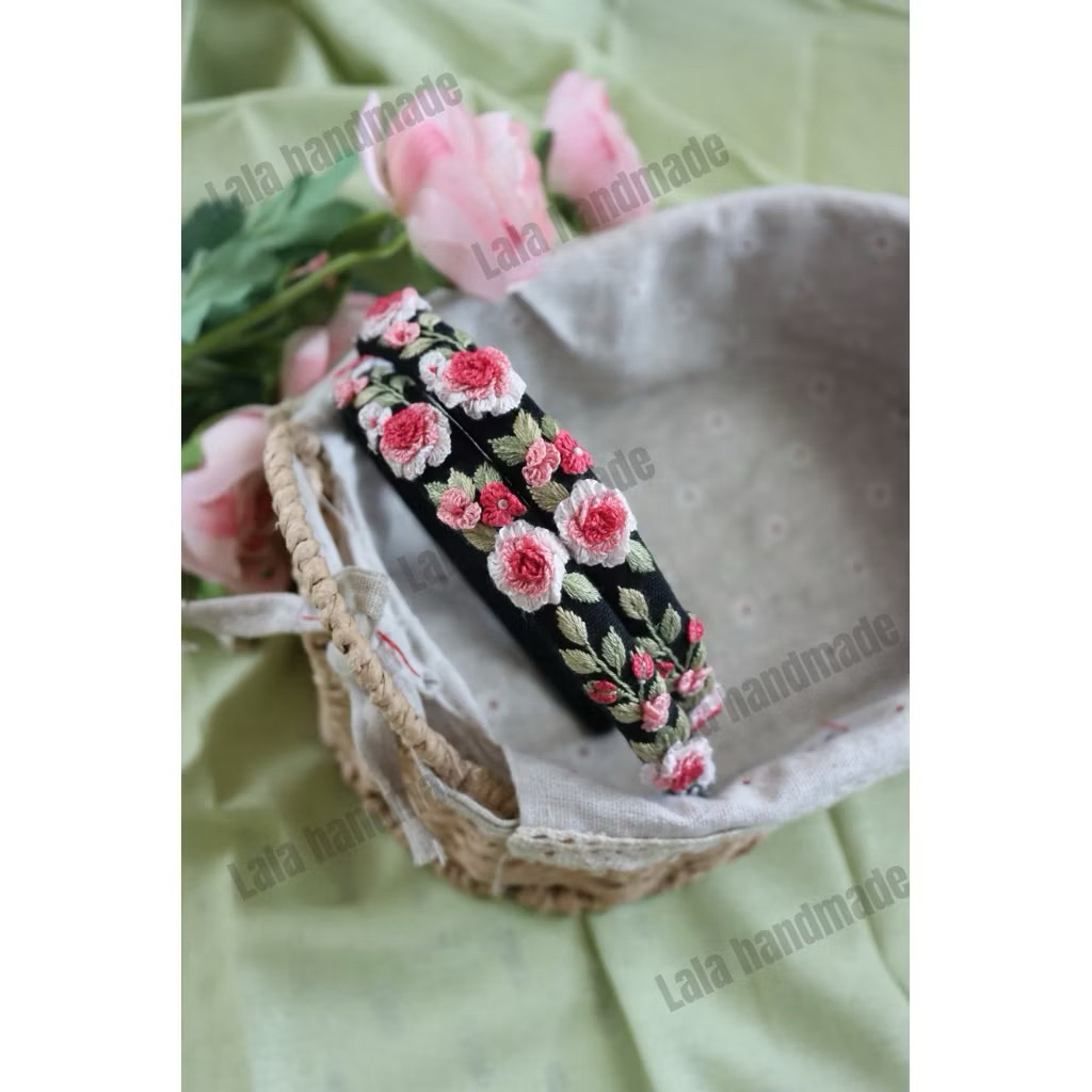 [024 đen hồng] bờm tóc thêu hoa, băng đô cài tóc thêu tay cao cấp