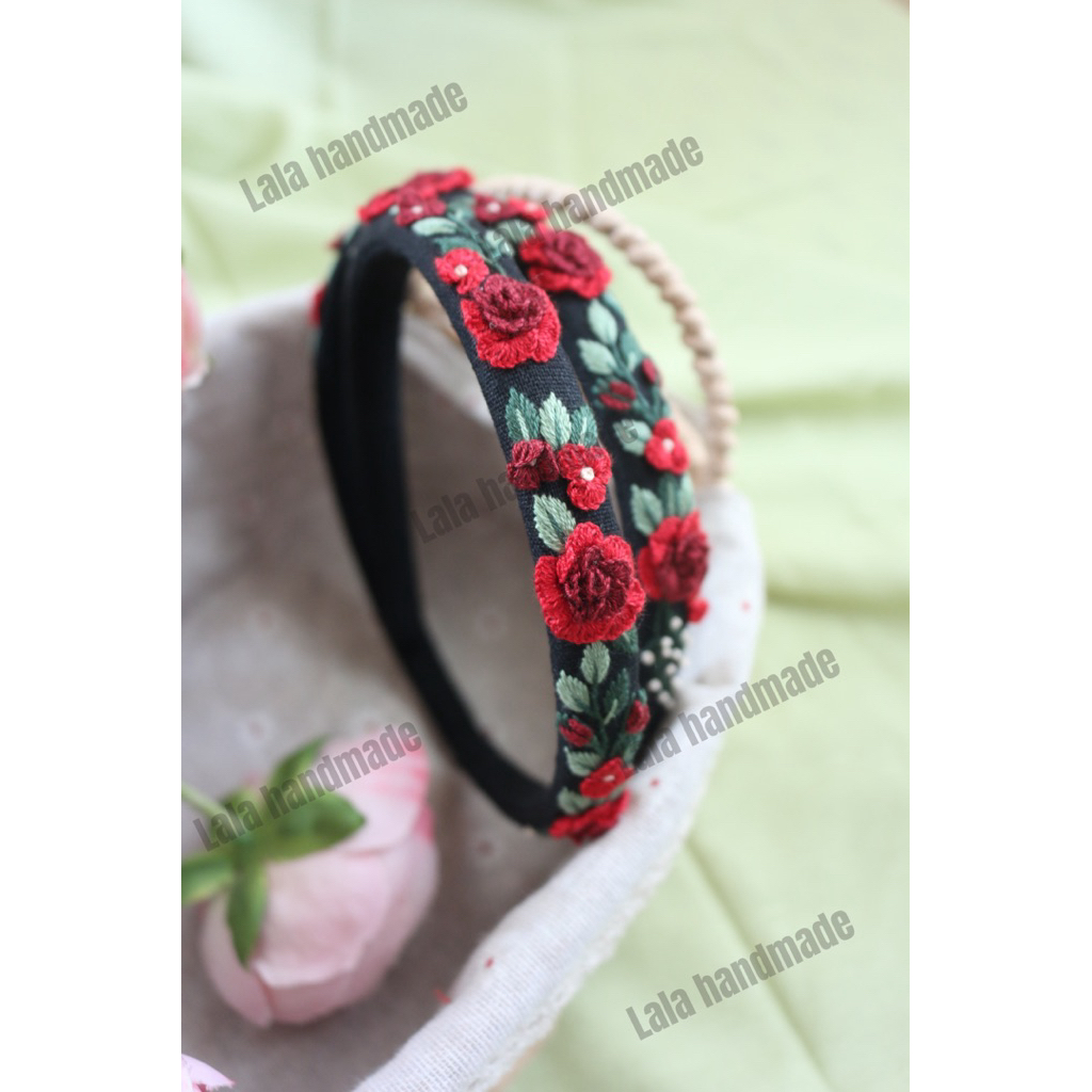 [024 đen đỏ] bờm cài tóc thêu tay hoa hồng 3d, băng đô cài tóc
