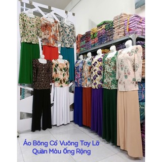 Bộ Bà Ba Bông Cổ Vuông Quần Màu Ống Rộng