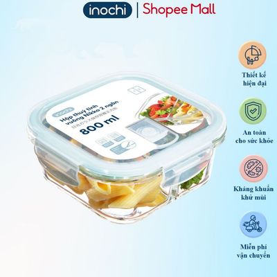 Hộp cơm thủy tinh vuông 2 ngăn 800 ml, đựng thức ăn văn phòng, hộp đựng cơm văn phòng tiện dụng