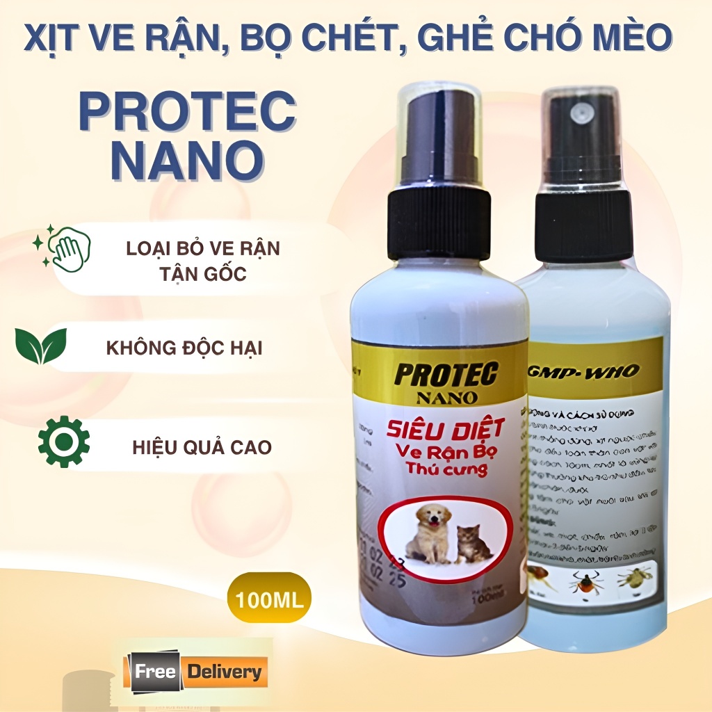 Xịt Ve Rận Bọ Chét Cho Chó Mèo PROTEC NANO 100ml – Loại Bỏ  Ve Nhanh, An Toàn Thú Cưng