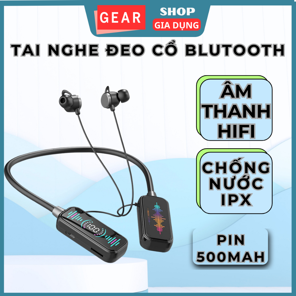 Tai nghe đeo cổ bluetooth micro karaoke GEARSHOP tai nghe chống ồn, chống nước,pin trâu 60h