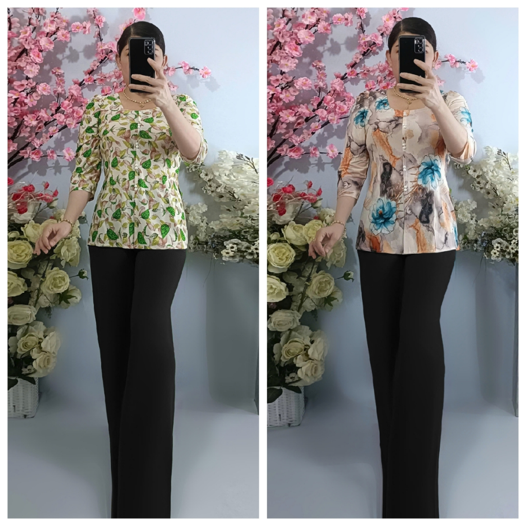 Bộ Lẻ (Áo Bà Ba Bông Cổ Vuông Tay lỡ + Quần Đen Ống Rộng)