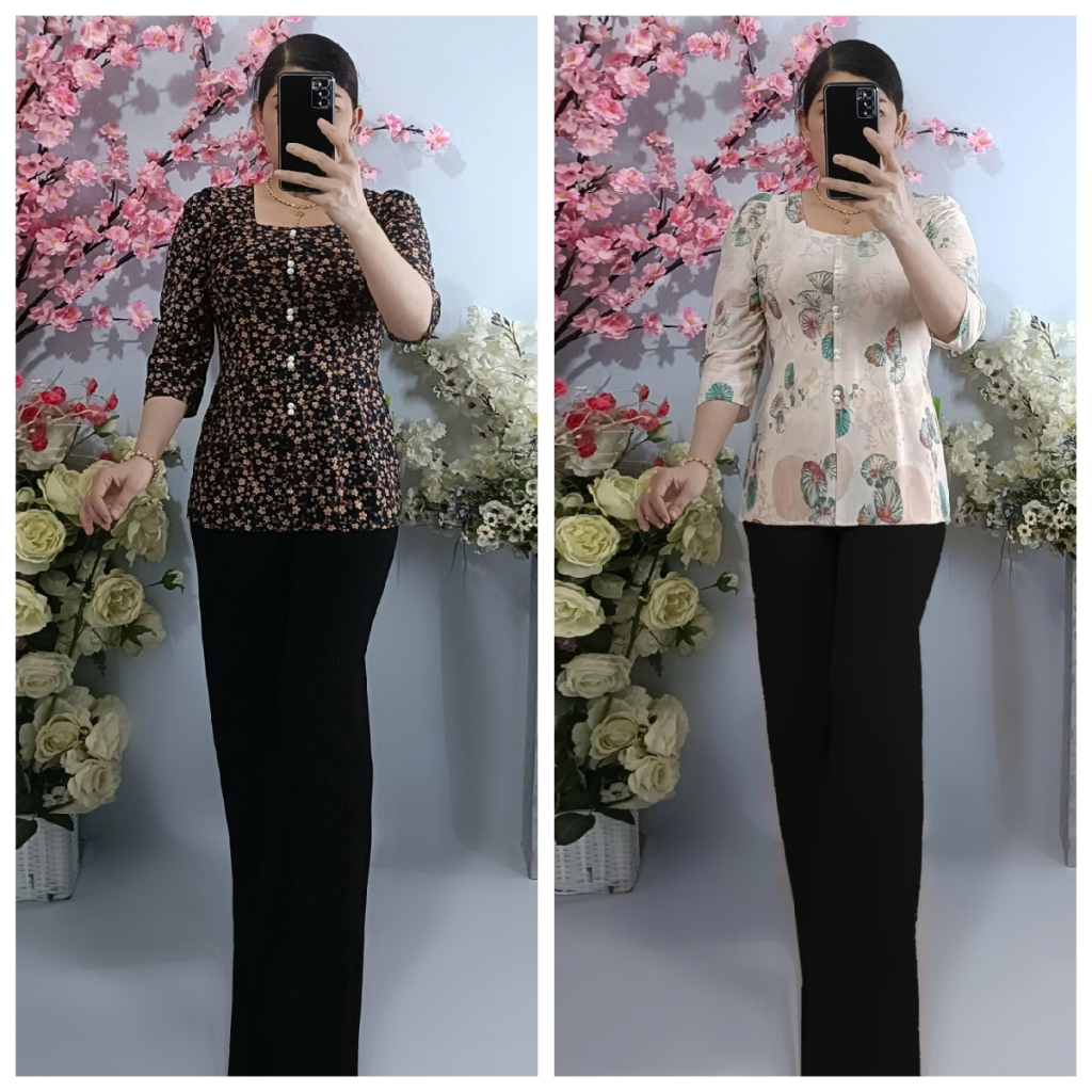 Bộ Lẻ (Áo Bà Ba Bông Cổ Vuông + Quần Đen Ống Rộng)