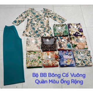 Bộ Bà Ba Bông Cổ Vuông Quần Màu Ống Rộng