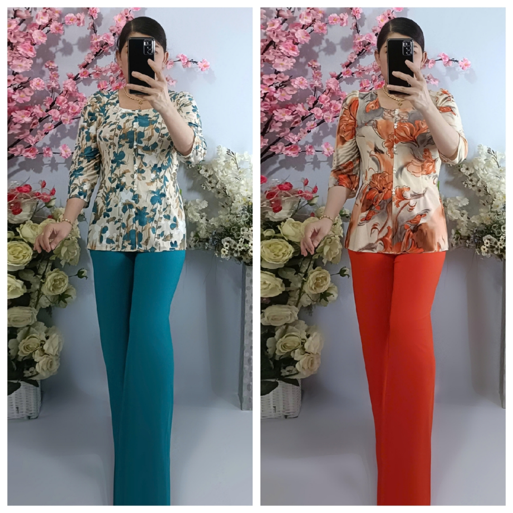 Bộ Bà Ba Bông Cổ Vuông Quần Màu Ống Rộng