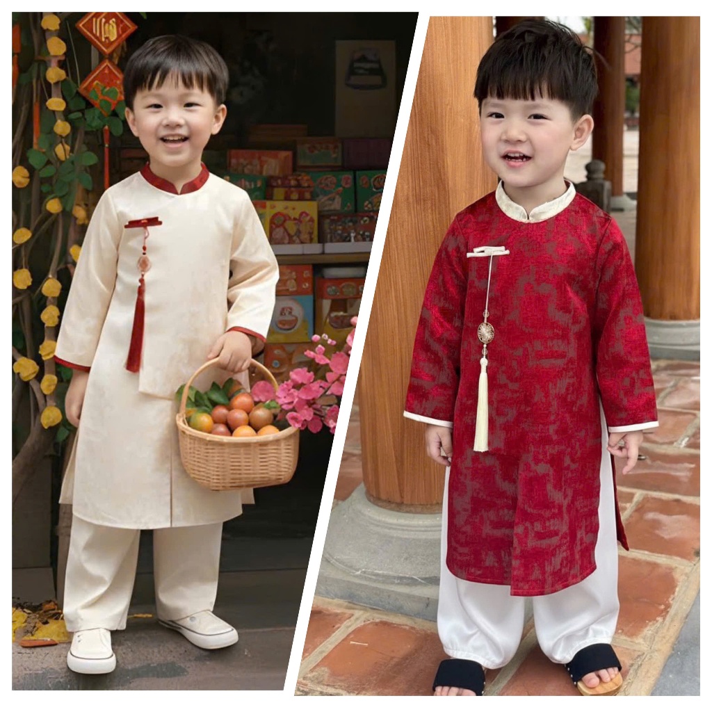 Áo dài cách tân bé trai BÌNH AN, áo dài Tết cho bé trai 2026, vải tafta gấm mềm - 2 màu - Áo dài Nab