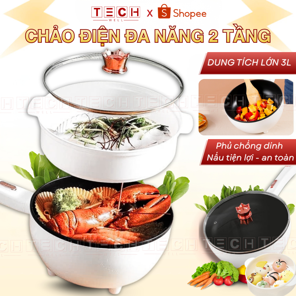 Chảo Điện Đa Năng Chống Dính Dung Tích 3L, Nồi Lẩu Có Tay Cầm Dài Điều Chỉnh Nhiệt Độ Nấu Tiện Lợi