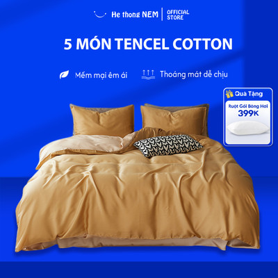 Chăn Ga Gối Đệm 5 Món He thong NEM Set Chăn Ga Tencel 40s Pha Cotton Trải Giường Chăn Trần Bồng Trải Giường Sang Trọng