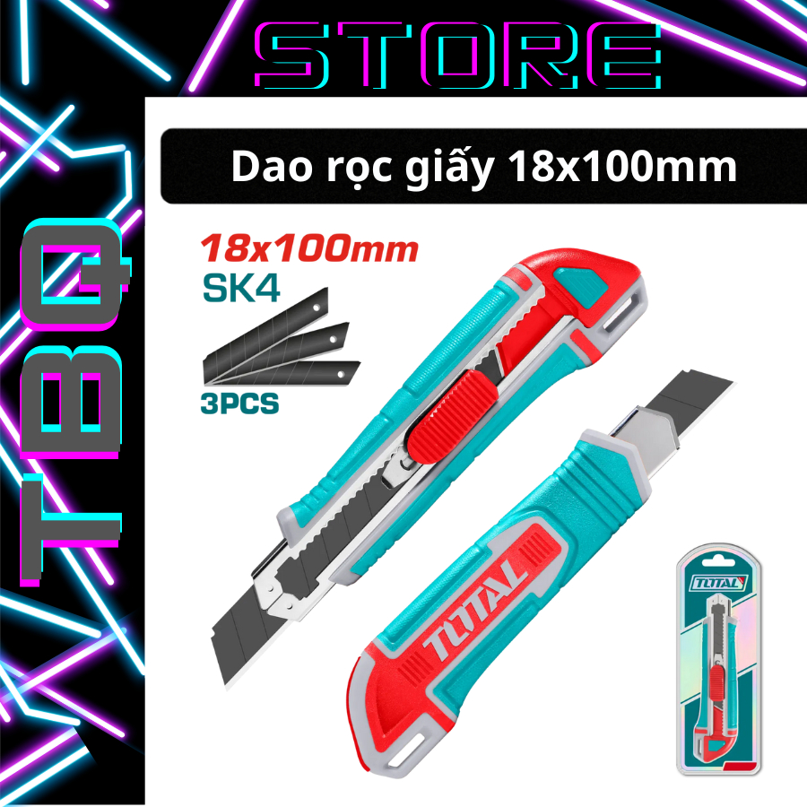 Dao Rọc Giấy TOTAL THT522136 (18x100mm) - Dao Cắt Giấy Lưỡi SK5 Sắc Bén, Tặng Kèm 3 Lưỡi, Nút Ấn Dẹp