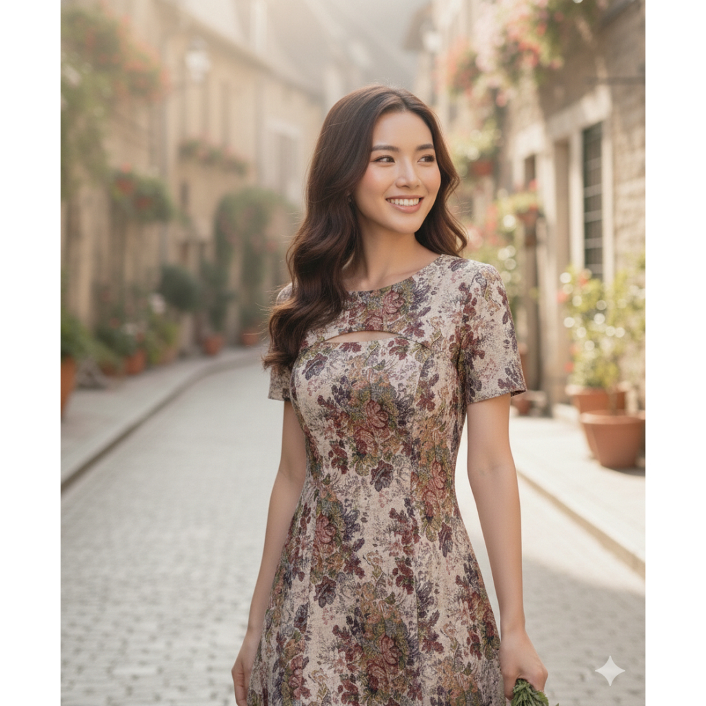 Đầm xòe bố hoa cut out độc đáo