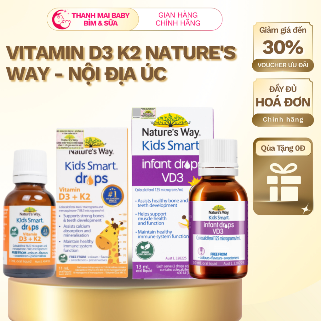 Vitamin D3 K2 Nature's Way Kids Smart Drops Úc Hữu Cơ - Bổ Sung D3K2 Tăng Chiều Cao Cho Bé 0-12 Tuổi
