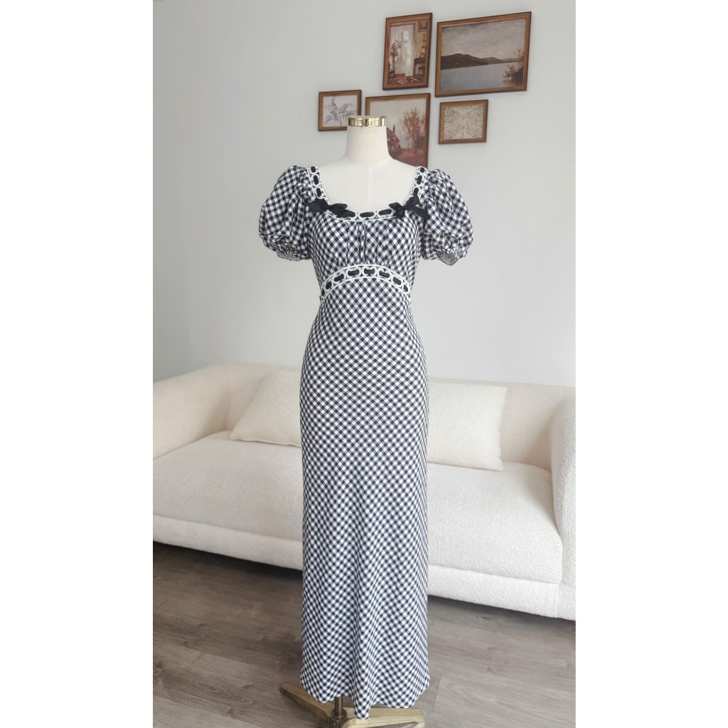 Fiona Dress - Đầm Maxi Caro Xanh Trắng Tay Phồng Dáng Dài