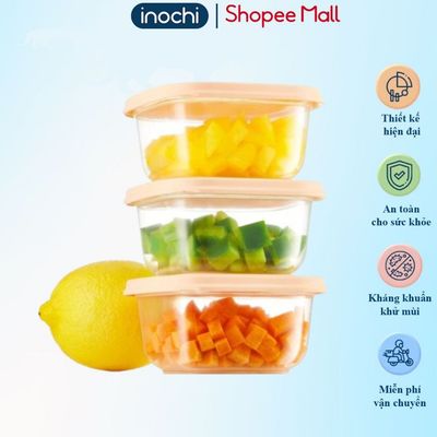 Bộ 3 hộp thực phẩm vuông mini Inochi. Chất liệu nhựa PP an toàn, không mùi, chịu nhiệt, dễ sắp xếp.