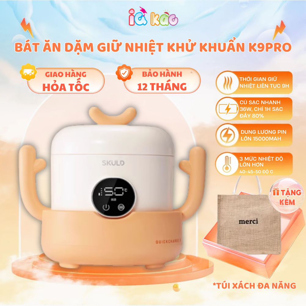  Bát Ăn Dặm Giữ Nhiệt SKULD K9PRO - Bình Ủ Cháo Tích Điện Khử Khuẩn UV Chống Nước IPX7 Làm Ấm An Toàn Cho Bé IQKAO 