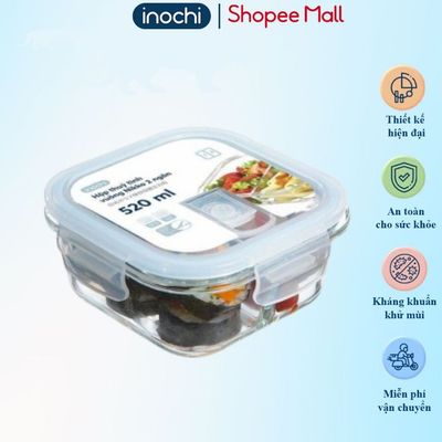 Hộp cơm thủy tinh vuông 2 ngăn 520 ml, đựng thức ăn văn phòng hộp đựng cơm thủytinh chịu nhiệt độcao
