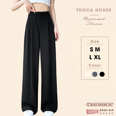 Quần ống rộng nữ dáng tây suông kiểu khuy ẩn túi xéo THOCA HOUSE thanh lịch, sang trọng