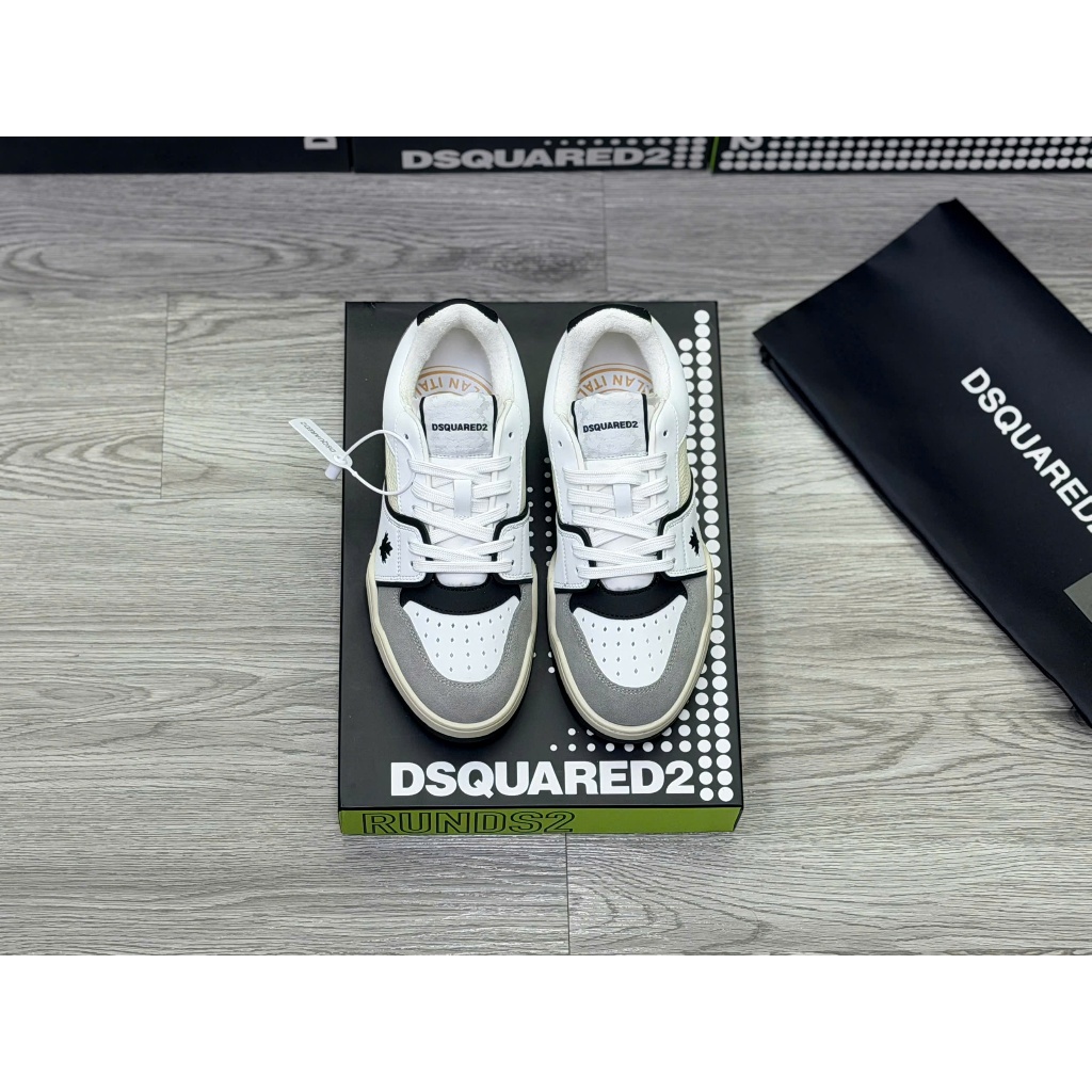 Giày dây Snk Dsquared2 màu đen dệt vân chữ màu trắng vàng monogram thêu vạch sọc ngang quai đế cói p