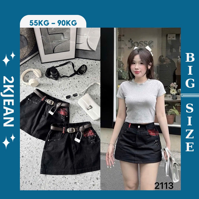 Chân váy jean nữ hàng QC kiểu túi sọc ca rô Bigsize 55kg-90kg form dáng a cao cấp thời trang bigsize 2Kjeans QC2113 | BigBuy360 - bigbuy360.vn