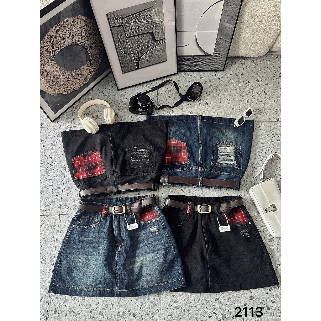 Chân váy jean nữ hàng QC kiểu túi sọc ca rô Bigsize 55kg-90kg form dáng a cao cấp thời trang bigsize 2Kjeans QC2113 | BigBuy360 - bigbuy360.vn