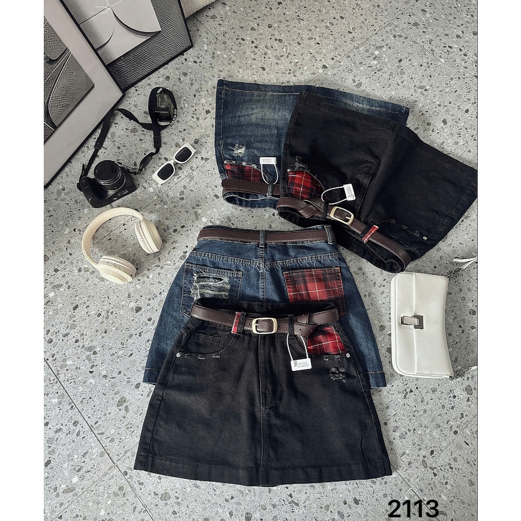 Chân váy jean nữ hàng QC kiểu túi sọc ca rô Bigsize 55kg-90kg form dáng a cao cấp thời trang bigsize 2Kjeans QC2113 | BigBuy360 - bigbuy360.vn