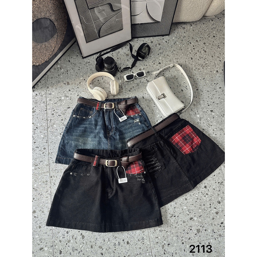Chân váy jean nữ hàng QC kiểu túi sọc ca rô Bigsize 55kg-90kg form dáng a cao cấp thời trang bigsize 2Kjeans QC2113 | BigBuy360 - bigbuy360.vn
