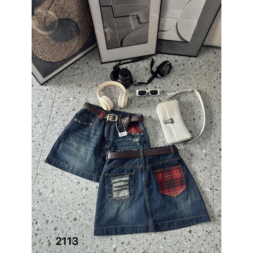 Chân váy jean nữ hàng QC kiểu túi sọc ca rô Bigsize 55kg-90kg form dáng a cao cấp thời trang bigsize 2Kjeans QC2113 | BigBuy360 - bigbuy360.vn