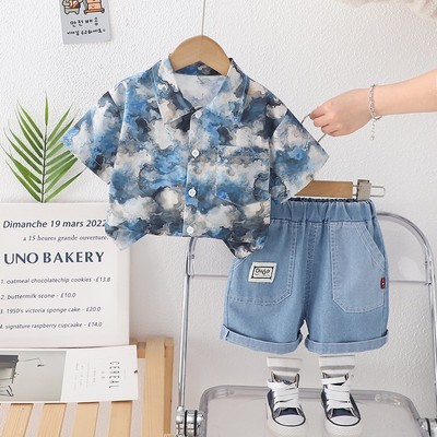 Quần Áo Bé Trai Set Sơ Mi Họa Tiết Đám Mây Quần Short Jean Thời Trang MINTSCLOSET Quảng Châu TN3648