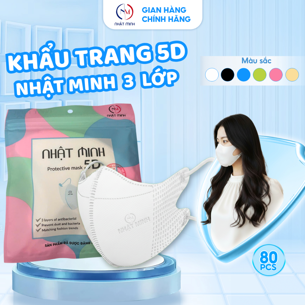 Hộp 100 Chiếc Khẩu Trang 5D Nhật Minh 3 Lớp Lọc Bụi Mịn Kháng Khuẩn Chống Giọt Bắn Chống Tia UV 