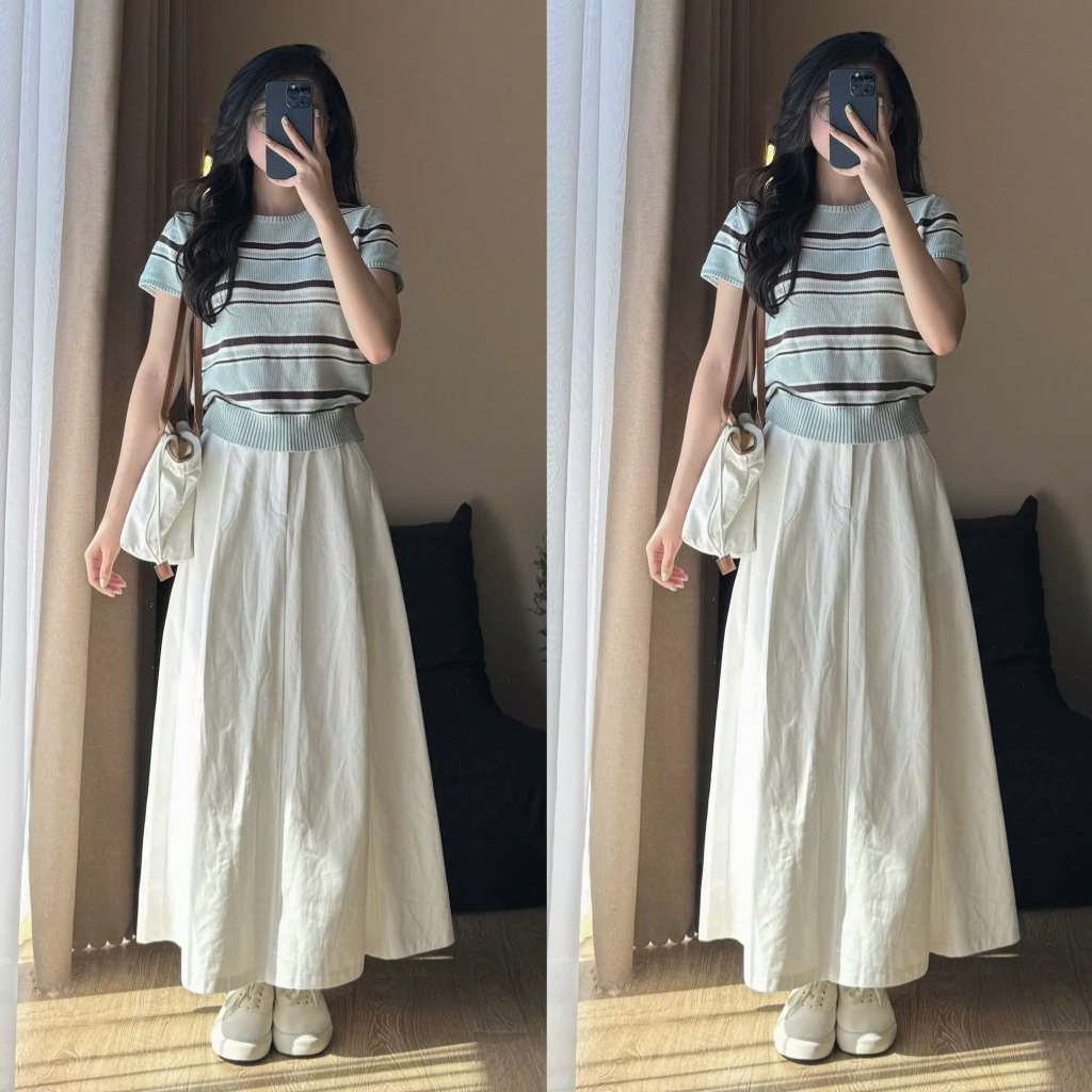 Chân váy kaki thô basic dáng dài xếp ly lưng chun co giãn vintage Micci - V172