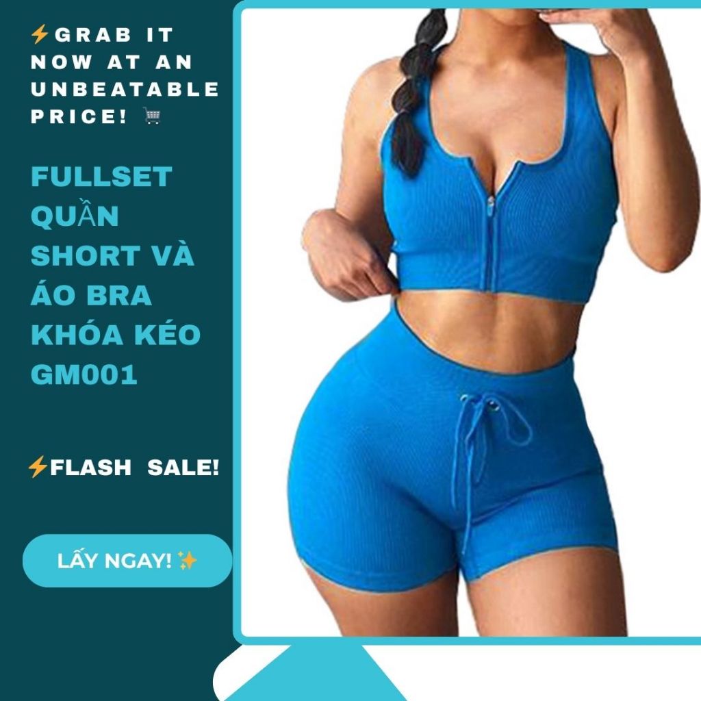 Fullset quần short và áo bra khóa kéo GM001 – Năng động, tôn dáng, thoải mái khi tập luyện