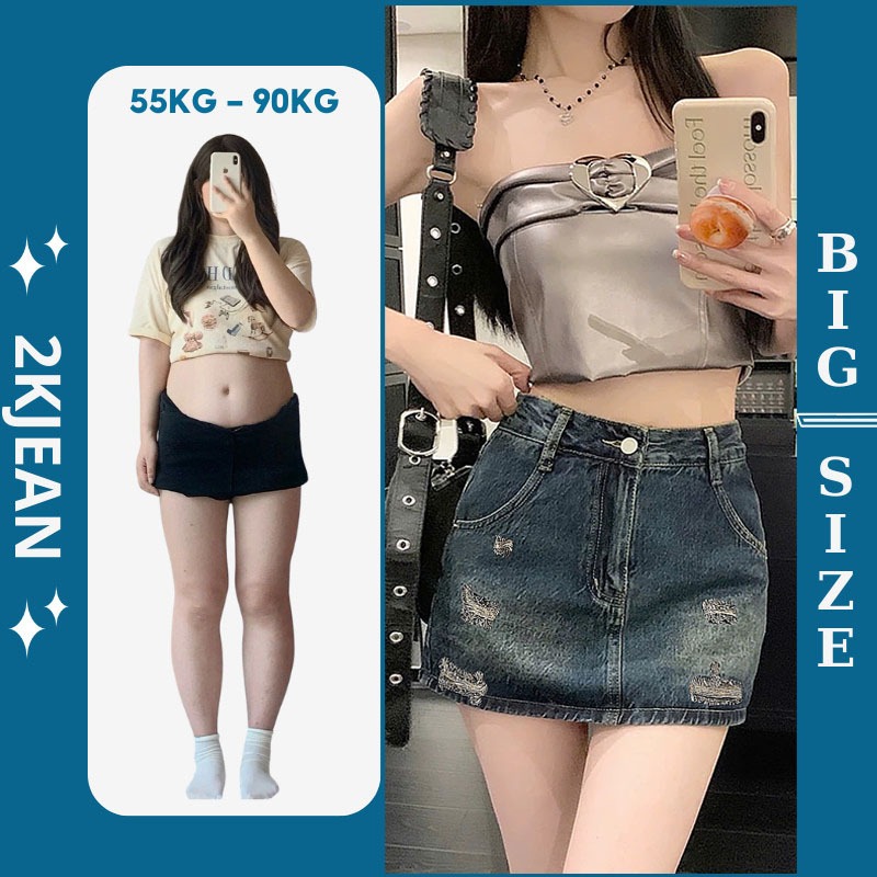 Chân váy jean nữ rách hàng QC Bigsize 55kg-90kg form dáng a cao cấp thời trang bigsize 2Kjeans QC211