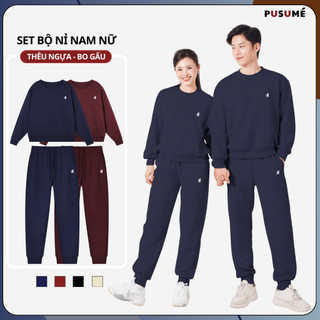  Set bộ nỉ NAM NỮ bo gấu THÊU NGỰA áo cổ tròn mặc thu đông chất liệu nỉ chính hãng không bám lông form basic 