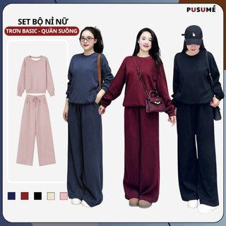   HÀNG L1  Bộ nỉ nữ thu đông quần ống suông nữ trơn basic có bigsize áo bo gấu dễ mặc form rộng chất liệu nỉ dày ấm 