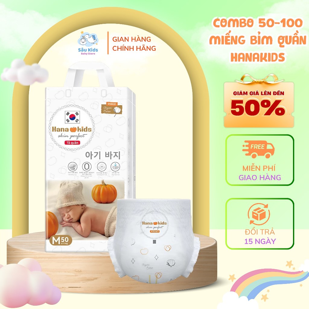 Combo 50–100 Miếng Bỉm Quần Hanakids Siêu Mỏng Mềm, Thấm Hút Tốt – Size M L XL XXL XXXL Cho Bé 4–30k