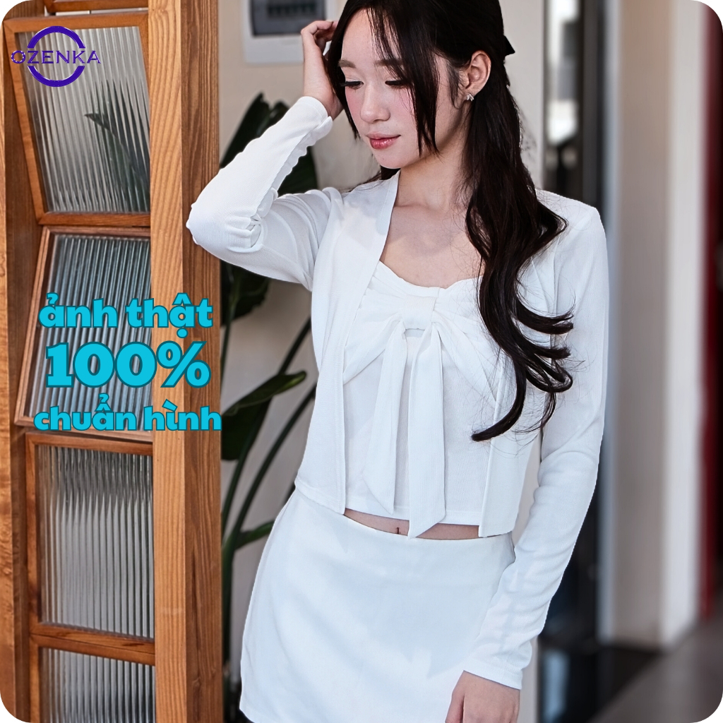 Áo Croptop Kiểu Cardigan Tay Dài Nữ Sang Chảnh OZENKA - Áo Thu Đông Len Tăm Cổ Rộng Ôm Body Tiểu Thư
