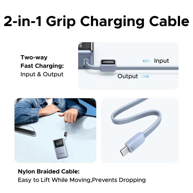 【With cáp loại c】Pin Dự Phòng UGREEN Sạc PB72710000mAh 55W 3 Cổng Cáp Tích Hợp, đèn LED màn hình | BigBuy360 - bigbuy360.vn