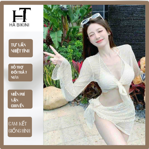 Đồ Bơi Bikini 4 Mảnh Tay Dài Khoét Sâu phối lưới Thích Hợp Đi Biển Sống ảo ( ảnh thật ) | BigBuy360 - bigbuy360.vn