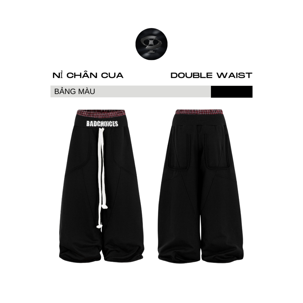 Bad Choices | Quần nỉ ống rộng DOUBLE WAIST đai đỏ vải chân cua phối dây rút